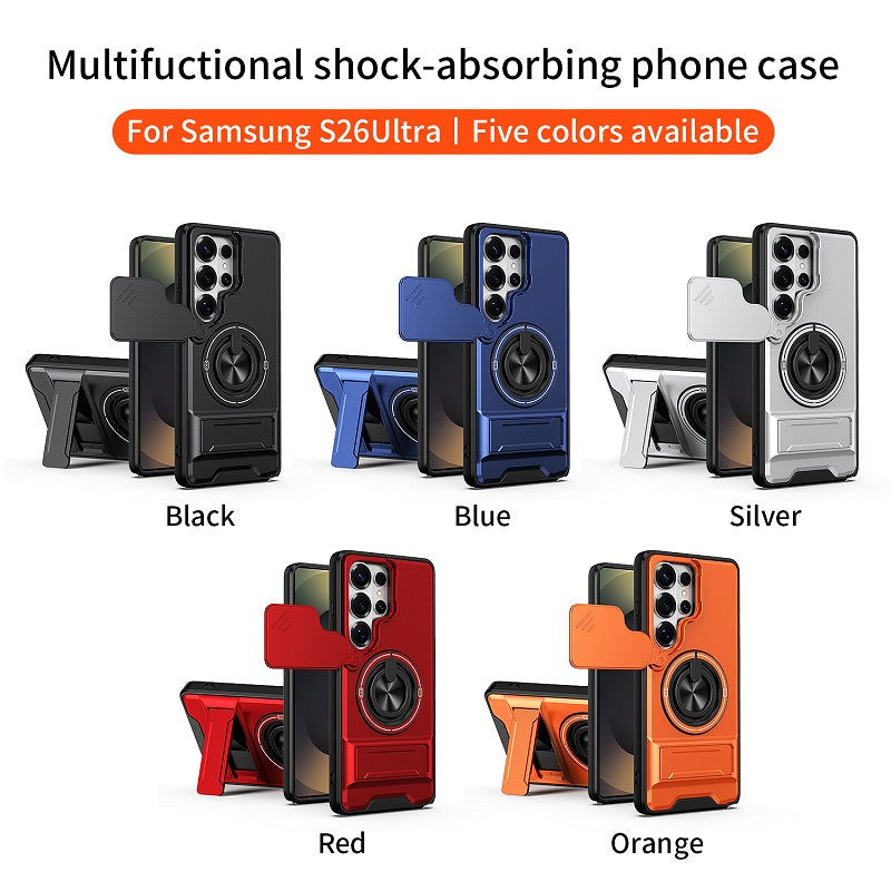 Luxury Slide Camera Lens Cover Case for Samsung Galaxy S26 Ultra, Built-in Ring Stand and Folding Stand Magnetic Protective Case