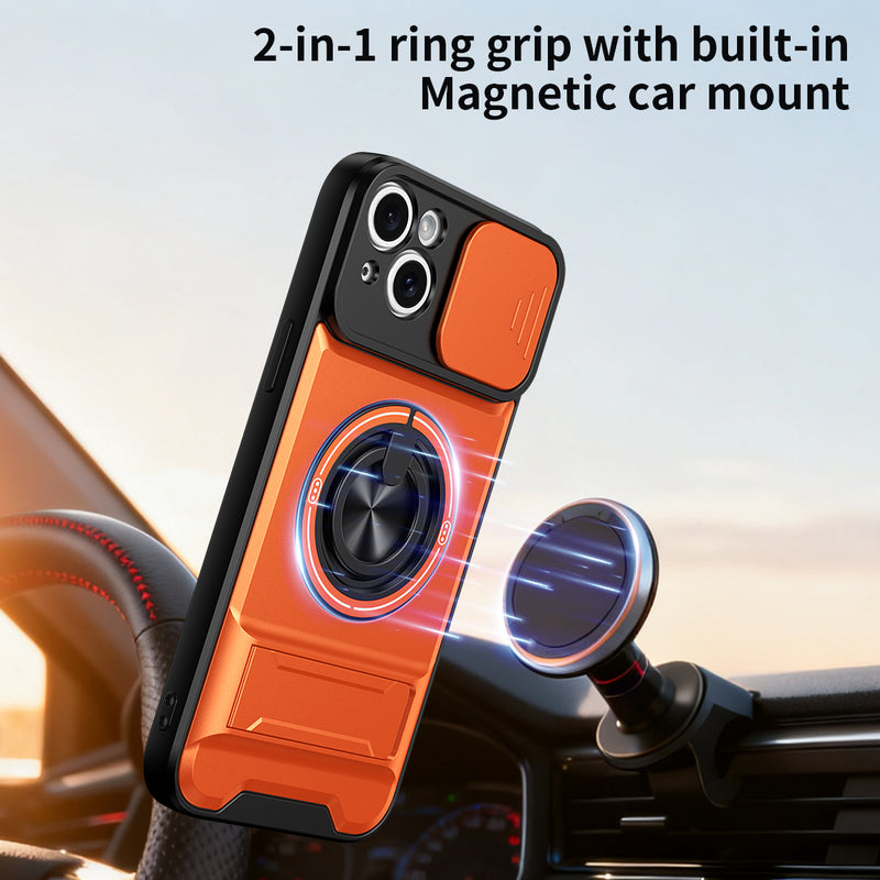 Luxury Slide Camera Lens Cover Case for iPhone 15 Plus, Built-in Ring Stand and Folding Stand Magnetic Protective Case