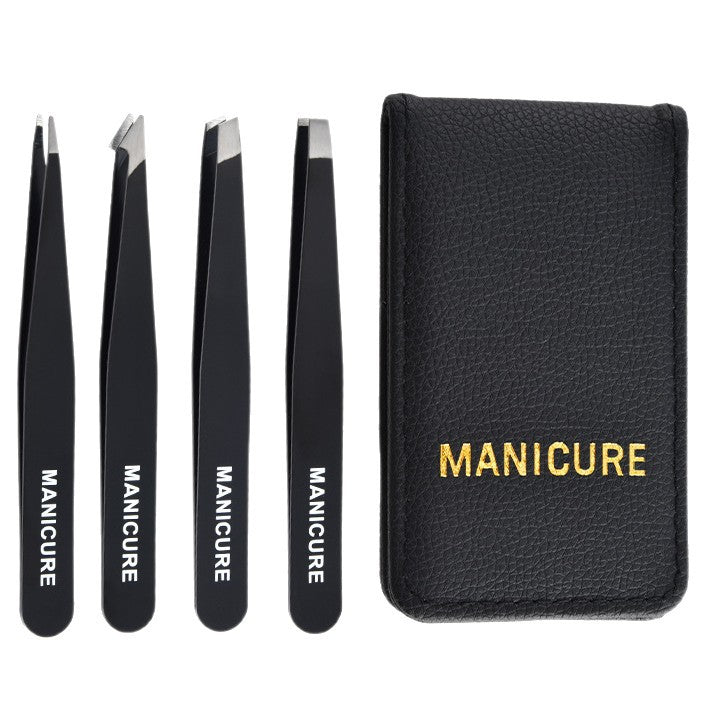 4-Piece Black Stainless Steel Tweezers Set – Precision for Lashes & Brows