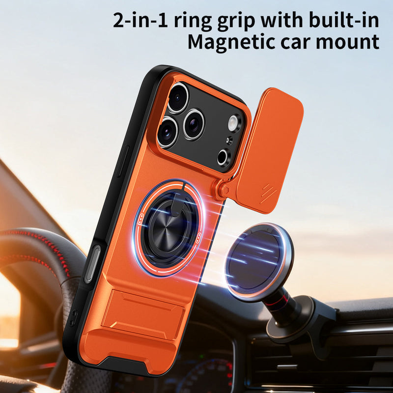 Luxury Slide Camera Lens Cover Case for iPhone 17 Pro Max, Built-in Ring Stand and Folding Stand Magnetic Protective Case