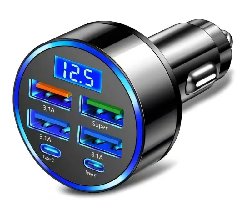 4-Port Fast Car Charger with USB-C PD & Digital Display – for iPhone, Samsung & More