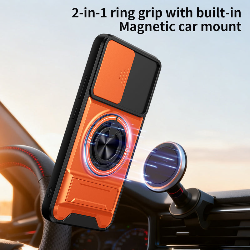 Luxury Slide Camera Lens Cover Case for Samsung Galaxy A34 5G, Built-in Ring Stand and Folding Stand Magnetic Protective Case