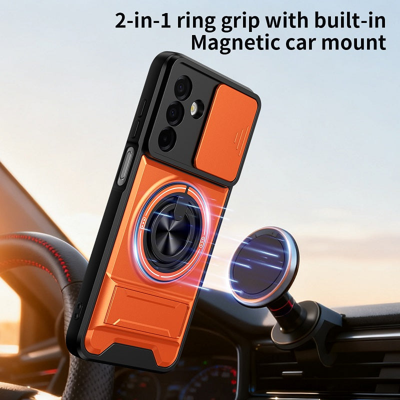 Luxury Slide Camera Lens Cover Case for Samsung Galaxy A26 5G, Built-in Ring Stand and Folding Stand Magnetic Protective Case