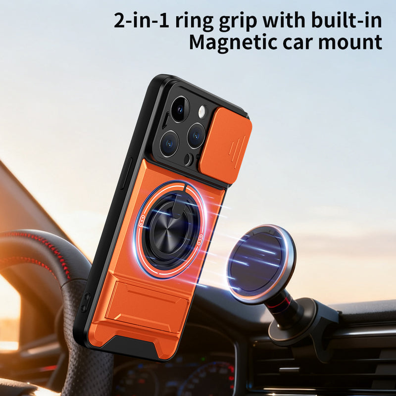 Luxury Slide Camera Lens Cover Case for iPhone 14 Pro, Built-in Ring Stand and Folding Stand Magnetic Protective Case