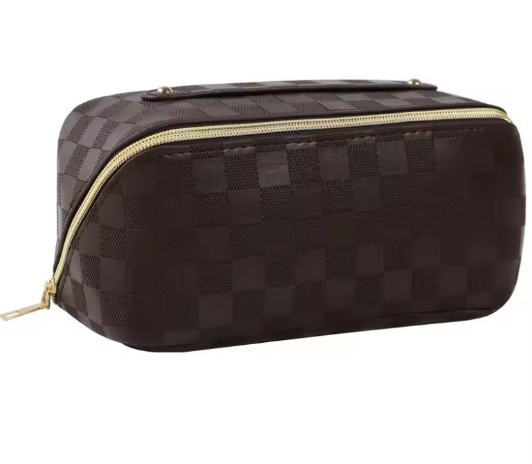 Fashionable Large Capacity Travel Portable Cosmetic Bag with Zipper Simple Checkerboard PU Waterproof Makeup Bag