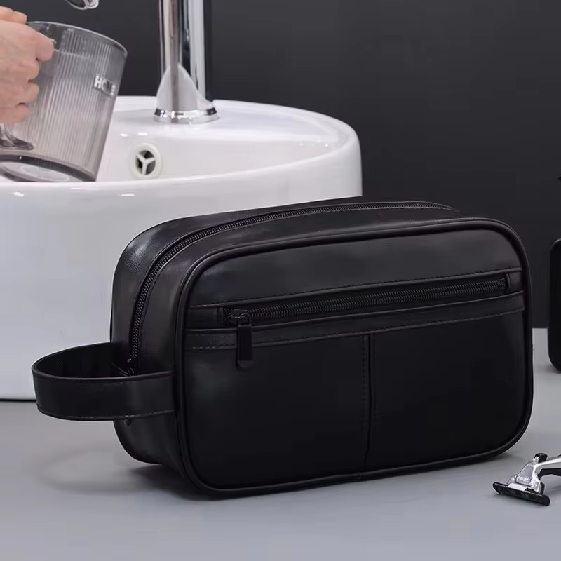 Contrast Color Men's PU Wash Bag Medium Capacity Waterproof Zipper Closure Side Handle Portable Cosmetic Storage Travel Fitness