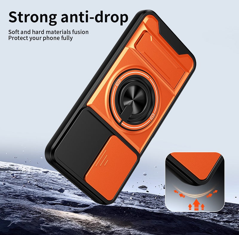 Luxury Slide Camera Lens Cover Case for Samsung Galaxy A26 5G, Built-in Ring Stand and Folding Stand Magnetic Protective Case