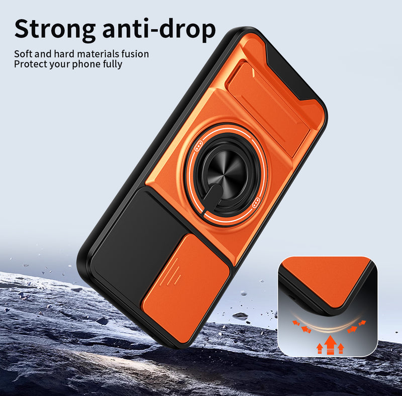 Luxury Slide Camera Lens Cover Case for Samsung Galaxy A34 5G, Built-in Ring Stand and Folding Stand Magnetic Protective Case
