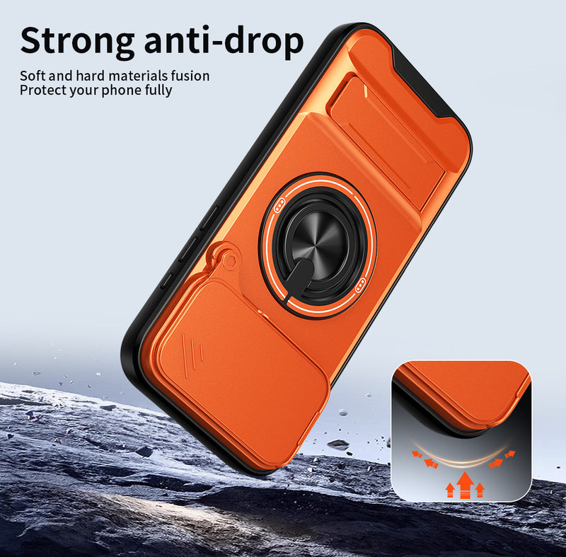 Luxury Slide Camera Lens Cover Case for iPhone 17 Pro Max, Built-in Ring Stand and Folding Stand Magnetic Protective Case