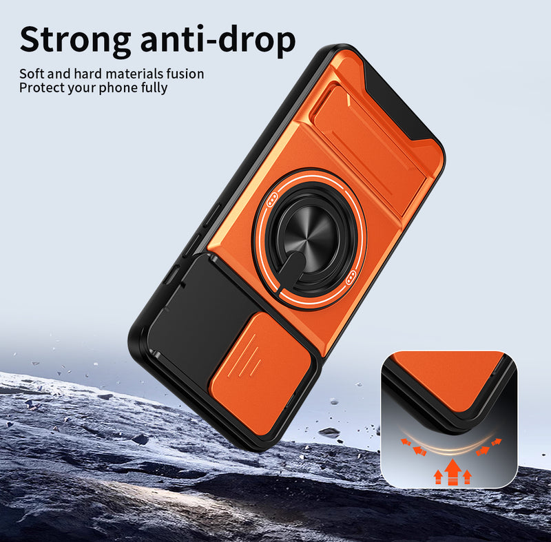 Luxury Slide Camera Lens Cover Case for iPhone 14 Pro, Built-in Ring Stand and Folding Stand Magnetic Protective Case