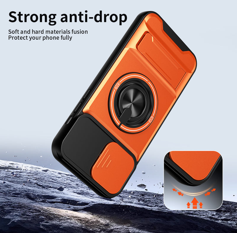 Luxury Slide Camera Lens Cover Case for iPhone 14 Pro Max, Built-in Ring Stand and Folding Stand Magnetic Protective Case