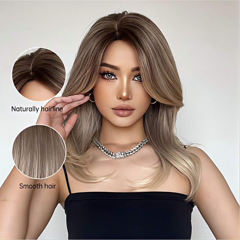 Medium-Length Wig With a Slight Side Part, Outward-Flipped Ends, And Soft Waves