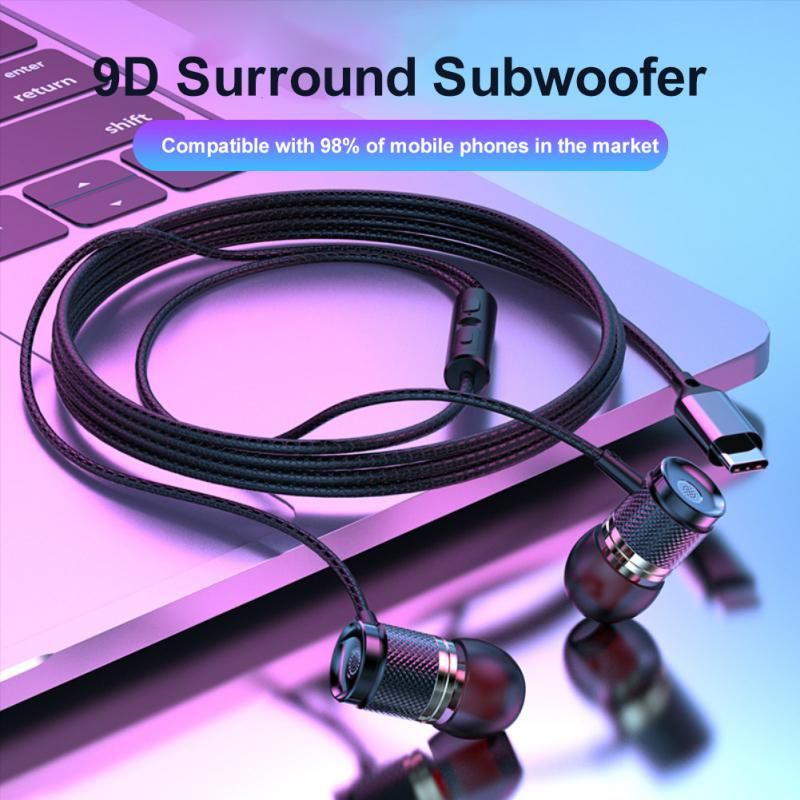 Type-C Headset 9D Bass Stereo Earbuds In-Ear Handsfree Earphones For Phones