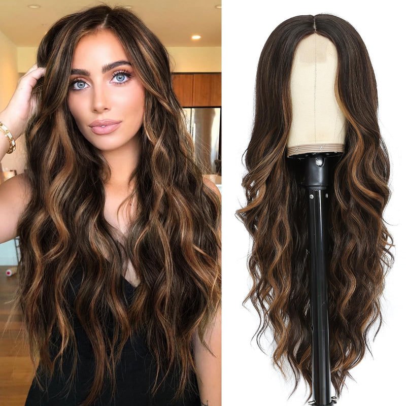 Fashionable Wig with Highlights, Long Wavy Curls, and a Full-Head Lace Synthetic Wig
