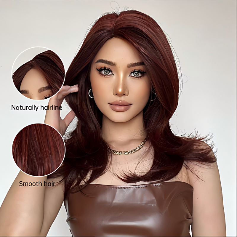 Medium-Length Wig With a Slight Side Part, Outward-Flipped Ends, And Soft Waves