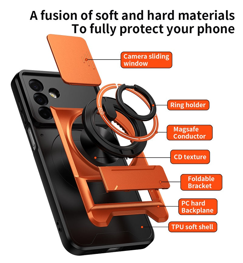 Luxury Slide Camera Lens Cover Case for Samsung Galaxy A26 5G, Built-in Ring Stand and Folding Stand Magnetic Protective Case