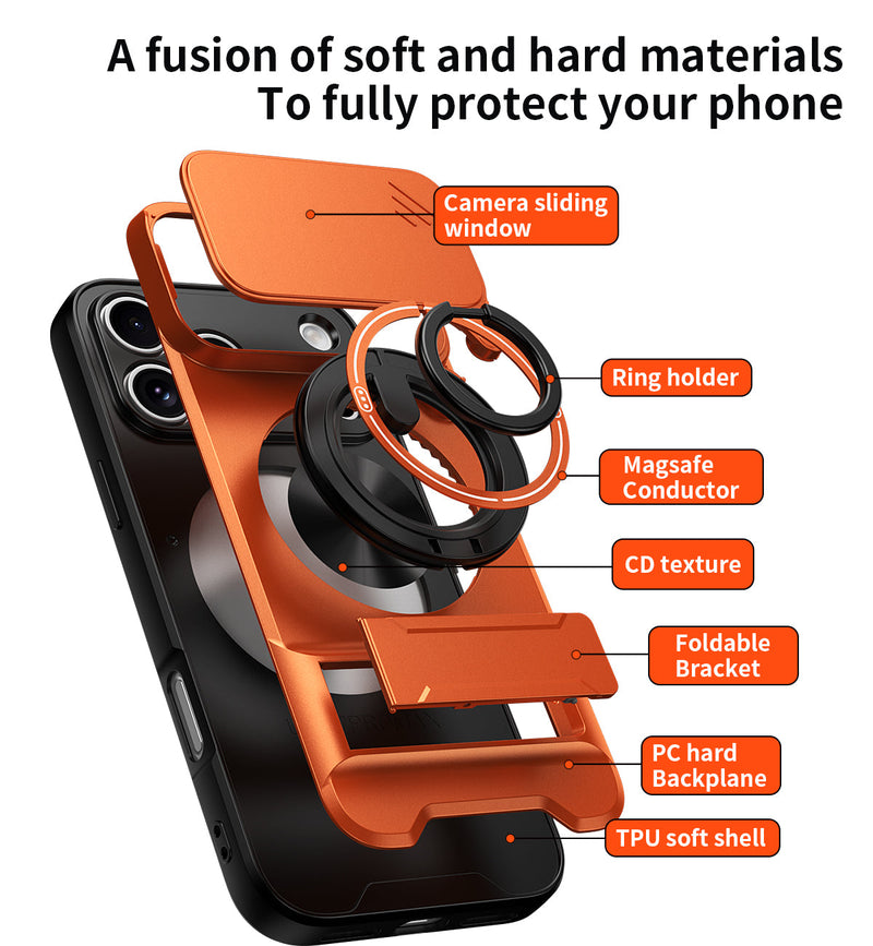 Luxury Slide Camera Lens Cover Case for iPhone 17 Pro Max, Built-in Ring Stand and Folding Stand Magnetic Protective Case