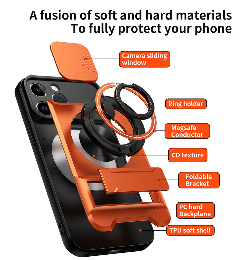Luxury Slide Camera Lens Cover Case for iPhone 14 Pro Max, Built-in Ring Stand and Folding Stand Magnetic Protective Case