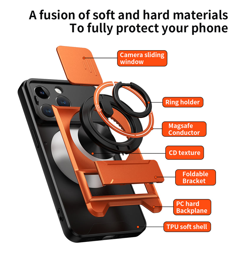 Luxury Slide Camera Lens Cover Case for iPhone 14 Pro, Built-in Ring Stand and Folding Stand Magnetic Protective Case