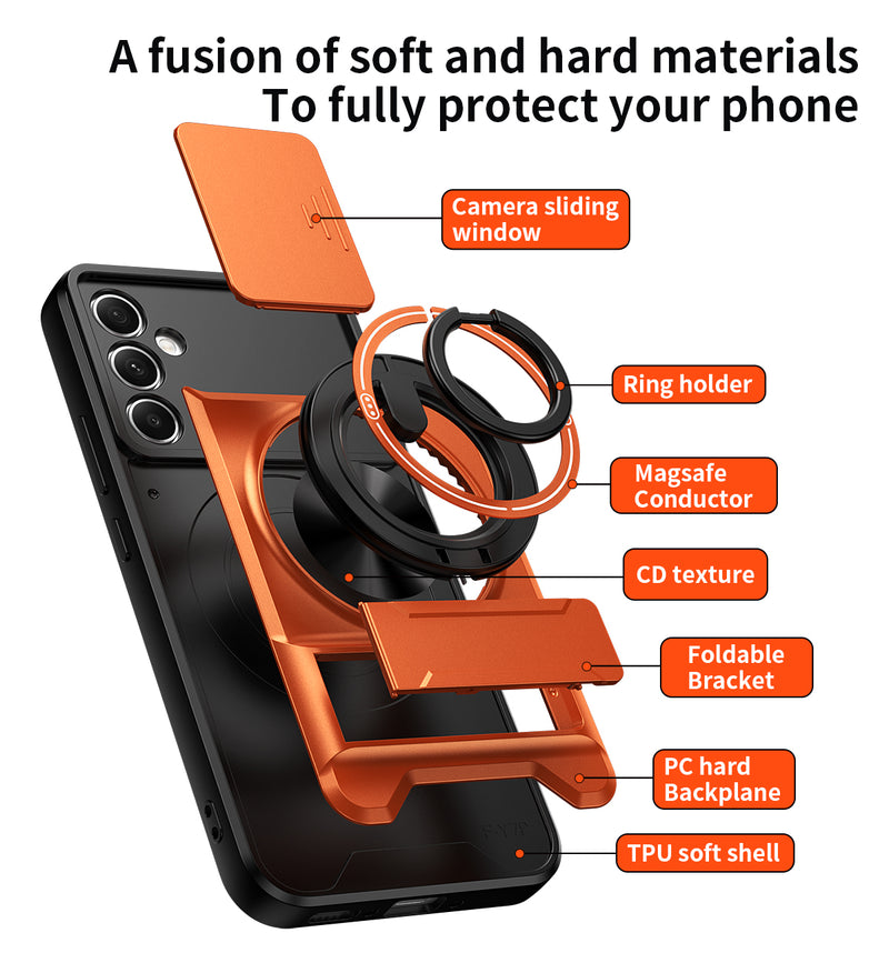 Luxury Slide Camera Lens Cover Case for Samsung Galaxy A34 5G, Built-in Ring Stand and Folding Stand Magnetic Protective Case