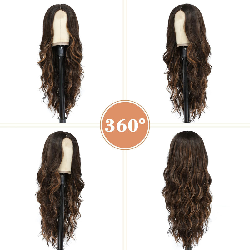 Fashionable Wig with Highlights, Long Wavy Curls, and a Full-Head Lace Synthetic Wig