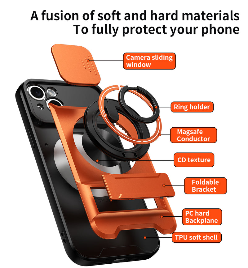 Luxury Slide Camera Lens Cover Case for iPhone 15 Plus, Built-in Ring Stand and Folding Stand Magnetic Protective Case