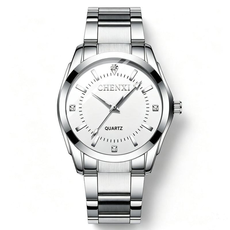Chenxi Men's Quartz Watch – Silver Stainless Steel Strap, Minimalist White Dial, Casual Business Wristwatch