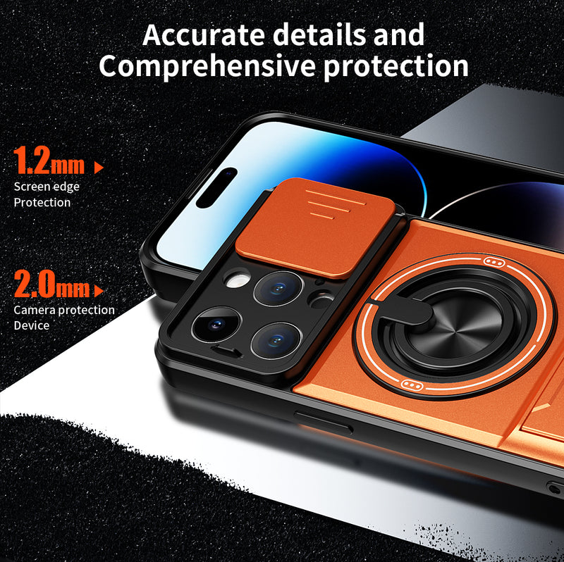 Luxury Slide Camera Lens Cover Case for iPhone 14 Pro, Built-in Ring Stand and Folding Stand Magnetic Protective Case