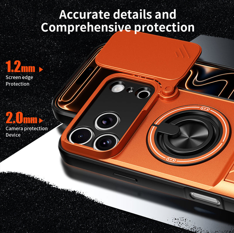 Luxury Slide Camera Lens Cover Case for iPhone 17 Pro Max, Built-in Ring Stand and Folding Stand Magnetic Protective Case