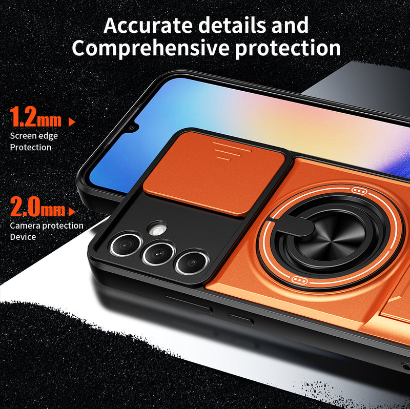 Luxury Slide Camera Lens Cover Case for Samsung Galaxy A34 5G, Built-in Ring Stand and Folding Stand Magnetic Protective Case