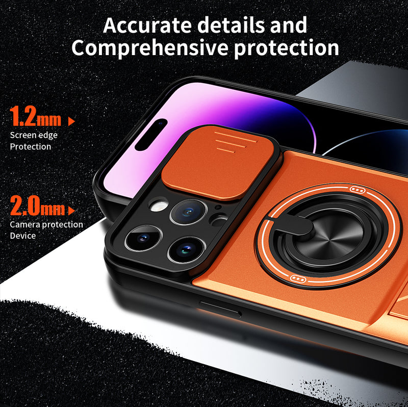 Luxury Slide Camera Lens Cover Case for iPhone 14 Pro Max, Built-in Ring Stand and Folding Stand Magnetic Protective Case