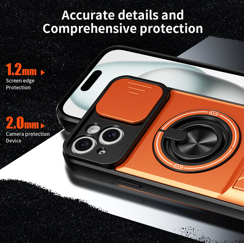 Luxury Slide Camera Lens Cover Case for iPhone 15 Plus, Built-in Ring Stand and Folding Stand Magnetic Protective Case