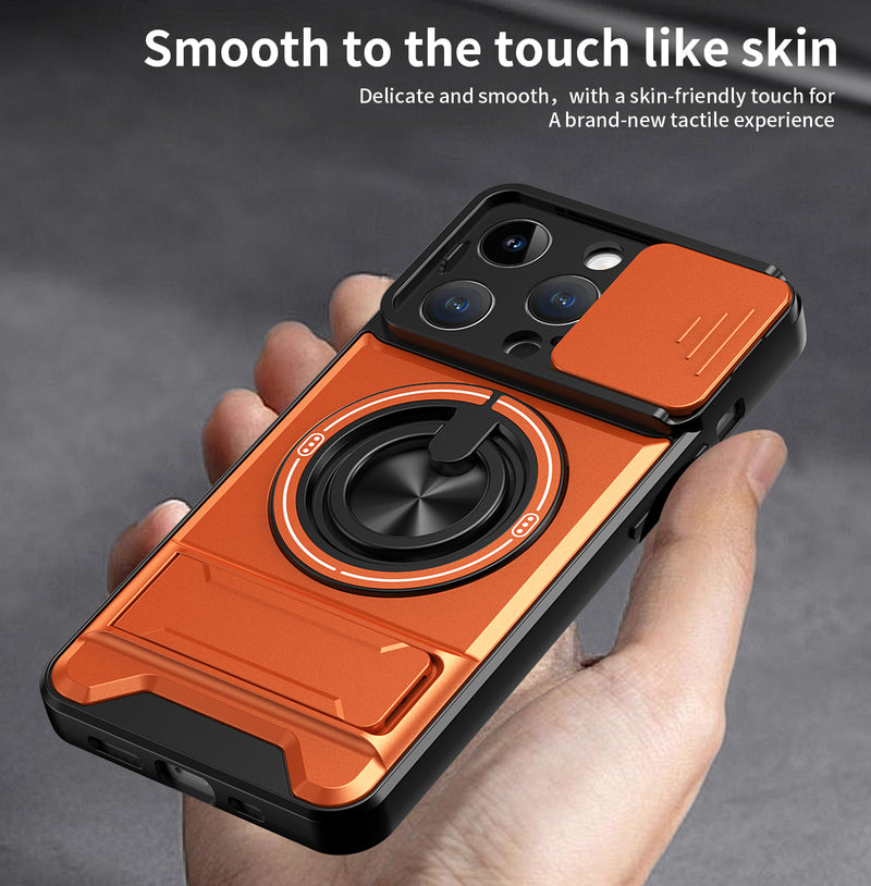 Luxury Slide Camera Lens Cover Case for iPhone 14 Pro, Built-in Ring Stand and Folding Stand Magnetic Protective Case