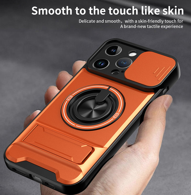 Luxury Slide Camera Lens Cover Case for iPhone 14 Pro Max, Built-in Ring Stand and Folding Stand Magnetic Protective Case