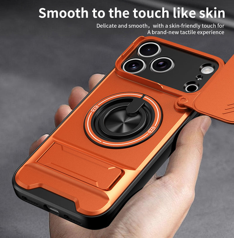 Luxury Slide Camera Lens Cover Case for iPhone 17 Pro Max, Built-in Ring Stand and Folding Stand Magnetic Protective Case