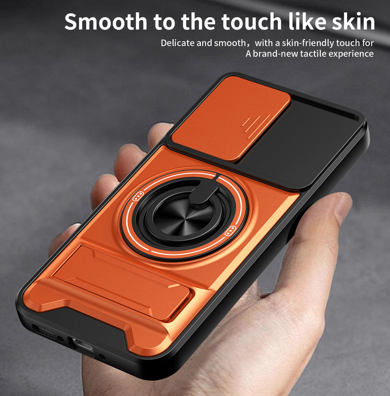Luxury Slide Camera Lens Cover Case for Samsung Galaxy A34 5G, Built-in Ring Stand and Folding Stand Magnetic Protective Case