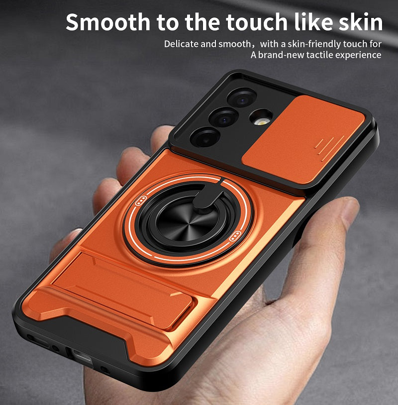 Luxury Slide Camera Lens Cover Case for Samsung Galaxy A26 5G, Built-in Ring Stand and Folding Stand Magnetic Protective Case