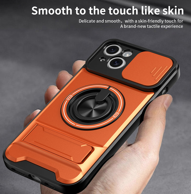 Luxury Slide Camera Lens Cover Case for iPhone 15 Plus, Built-in Ring Stand and Folding Stand Magnetic Protective Case