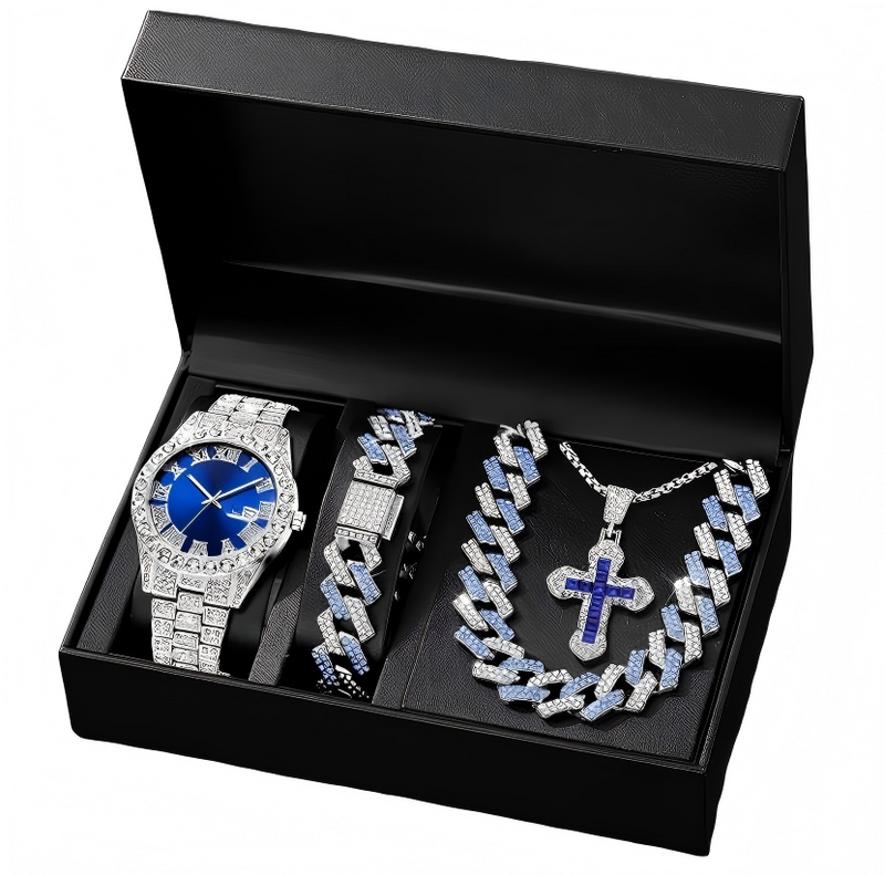 IPSTYLE Men's Quartz Watch Set with Hip Hop Bracelet Necklace Birthday Gift