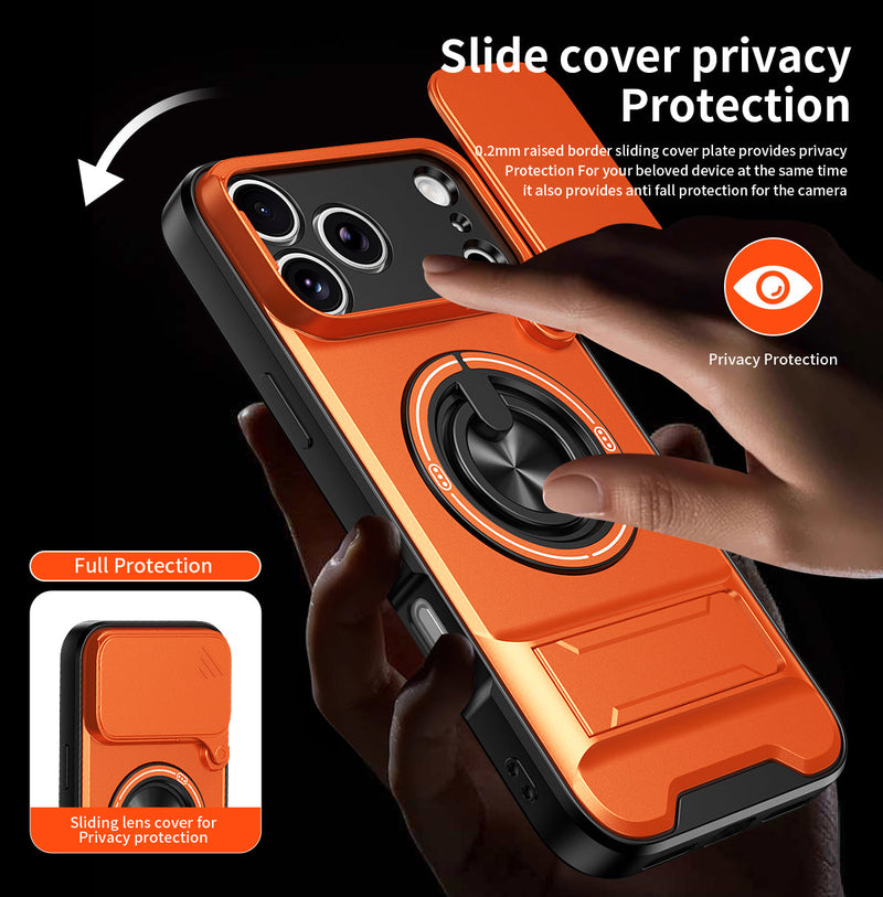 Luxury Slide Camera Lens Cover Case for iPhone 17 Pro Max, Built-in Ring Stand and Folding Stand Magnetic Protective Case