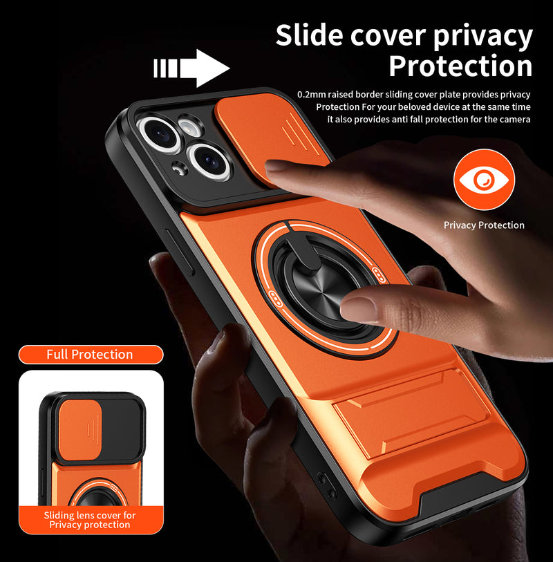 Luxury Slide Camera Lens Cover Case for iPhone 15 Plus, Built-in Ring Stand and Folding Stand Magnetic Protective Case