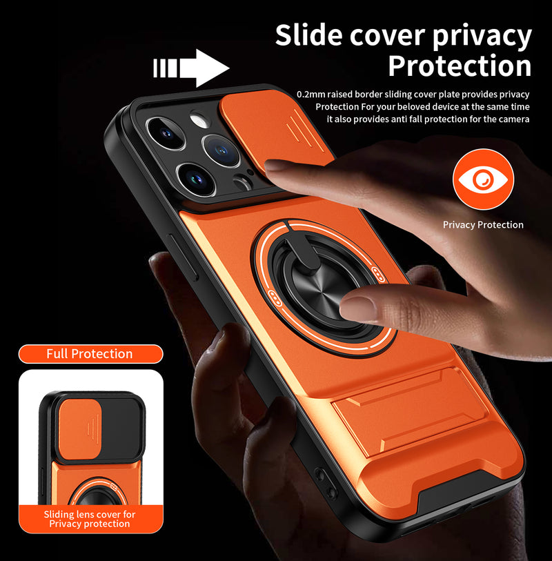 Luxury Slide Camera Lens Cover Case for iPhone 14 Pro Max, Built-in Ring Stand and Folding Stand Magnetic Protective Case