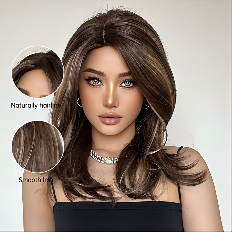 Medium-Length Wig With a Slight Side Part, Outward-Flipped Ends, And Soft Waves
