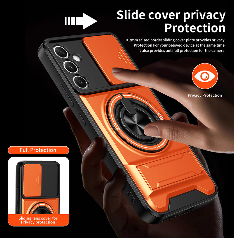 Luxury Slide Camera Lens Cover Case for Samsung Galaxy A34 5G, Built-in Ring Stand and Folding Stand Magnetic Protective Case