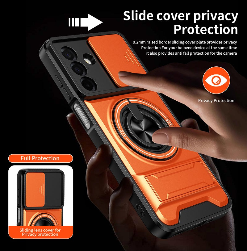 Luxury Slide Camera Lens Cover Case for Samsung Galaxy A26 5G, Built-in Ring Stand and Folding Stand Magnetic Protective Case