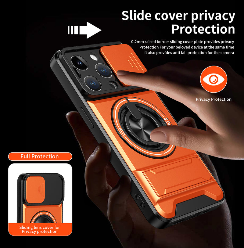 Luxury Slide Camera Lens Cover Case for iPhone 14 Pro, Built-in Ring Stand and Folding Stand Magnetic Protective Case