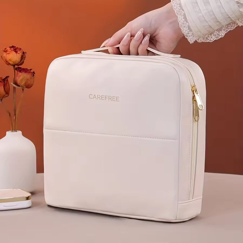 Portable PU Standing Makeup Bag Zipper Closure Letter Soft Handle Large Capacity for Professional Beauty Cosmetics Storage