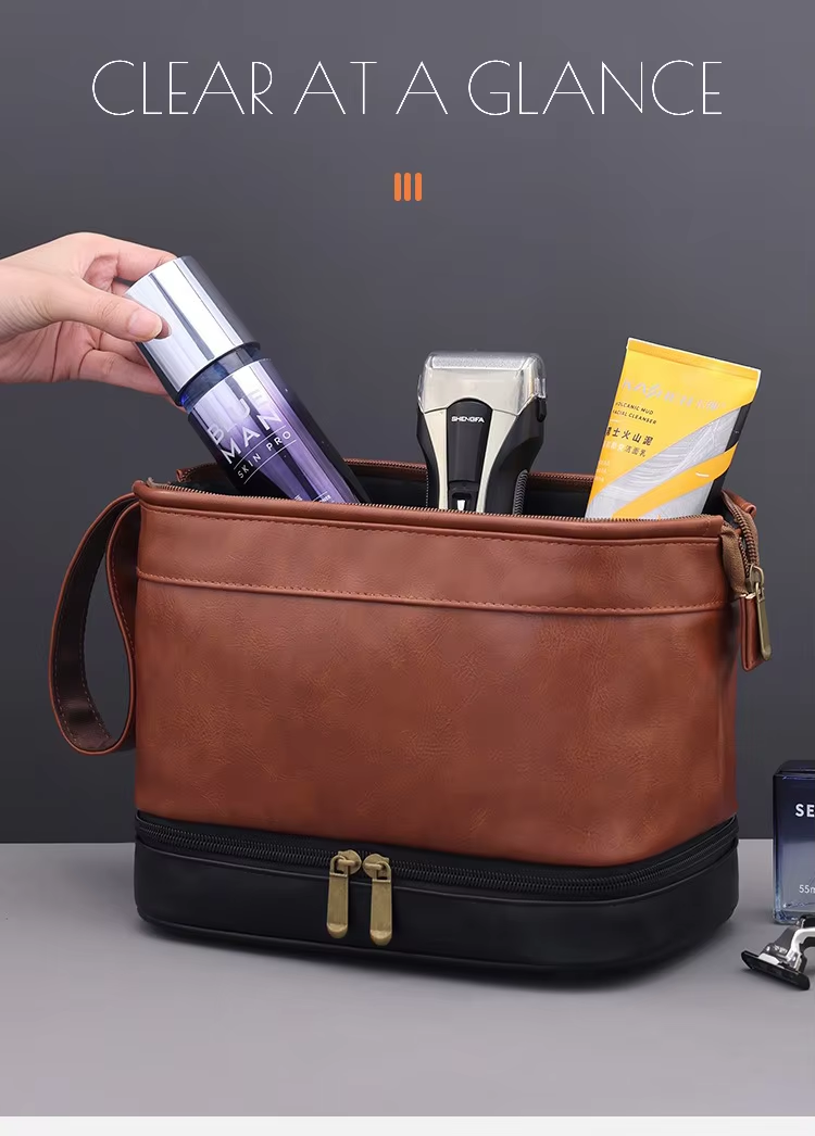 Business Trips Large Capacity Travel Toiletry Bag for Men Vintage Double Layer Design Multifunctional Portable Handheld Case
