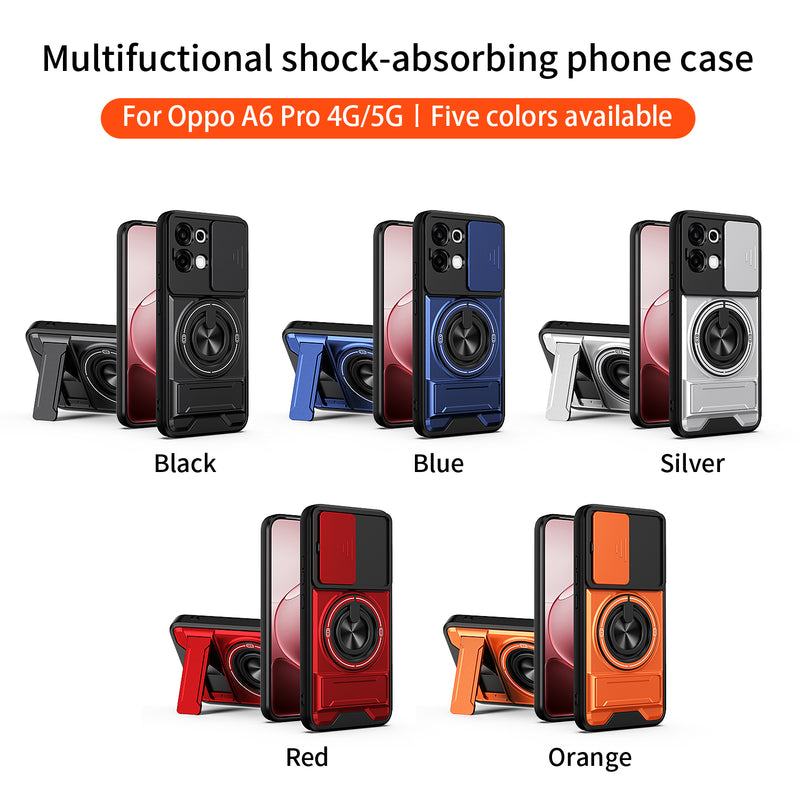 Luxury Slide Camera Lens Cover Case for OPPO A6 Pro 5G/4G, Built-in Ring Stand and Folding Stand Magnetic Protective Case