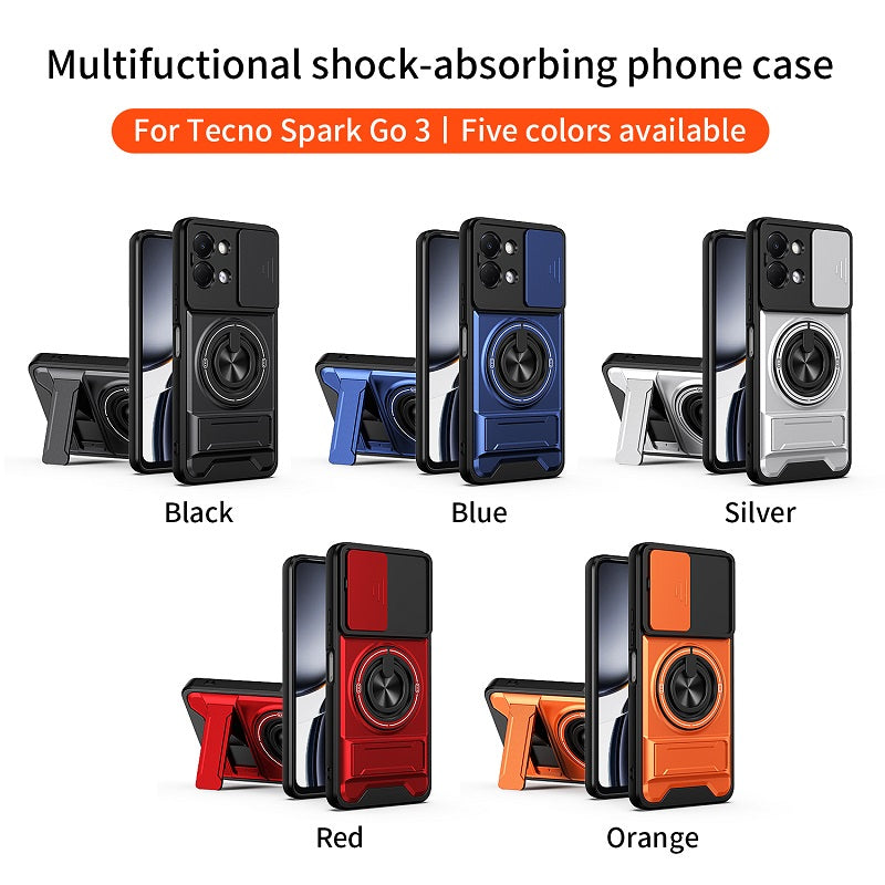 Luxury Slide Camera Lens Cover Case for Tecno Spark Go 3, Built-in Ring Stand and Folding Stand Magnetic Protective Case
